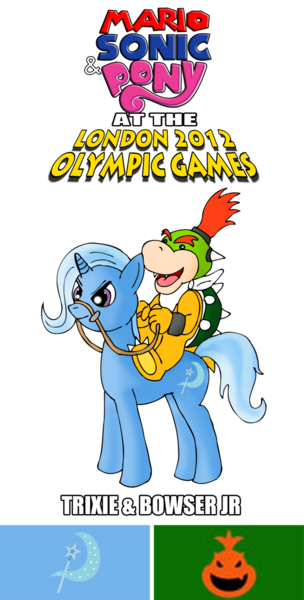 Size: 800x1581 | Tagged: safe, artist:zefrenchm, derpibooru import, trixie, pony, unicorn, bowser jr, crossover, london 2012, mario & sonic, mario & sonic at the london 2012 olympic games, mario & sonic at the olympic games, mario and sonic, mario and sonic at the olympic games, pony ride, riding, super mario bros., team