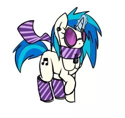 Size: 850x800 | Tagged: artist:ritzin, clothes, dead source, derpibooru import, safe, scarf, socks, solo, striped socks, vinyl scratch