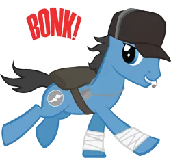 Size: 758x699 | Tagged: safe, artist:ah-darnit, derpibooru import, ponified, earth pony, pony, bandage, bonk, grin, hat, headset, looking back, microphone, running, scout, simple background, smirk, solo, team fortress 2, transparent background, vector