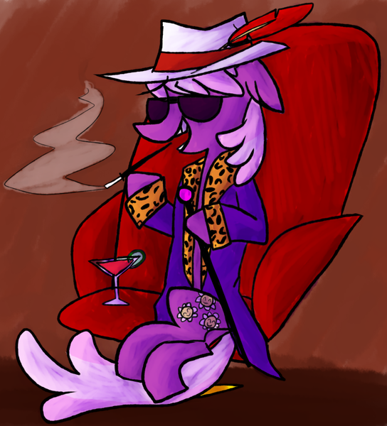 Size: 663x731 | Tagged: safe, artist:ghost, derpibooru import, cheerilee, earth pony, pony, secret of my excess, cane, cigarette, cigarette holder, clothes, drink, glass, hat, pimp, smoking, solo, sunglasses