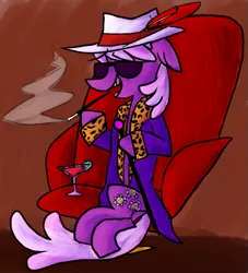 Size: 663x731 | Tagged: safe, artist:ghost, derpibooru import, cheerilee, earth pony, pony, secret of my excess, cane, cigarette, cigarette holder, clothes, drink, glass, hat, pimp, smoking, solo, sunglasses