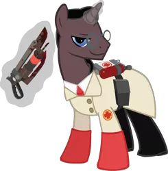 Size: 1342x1371 | Tagged: safe, artist:ah-darnit, derpibooru import, ponified, pony, unicorn, glasses, glowing horn, hooves, horn, levitation, magic, male, medic, simple background, solo, stallion, team fortress 2, telekinesis, transparent background, ubersaw, vector