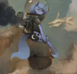 Size: 700x665 | Tagged: artist:crookedtrees, ashley wood, broken horn, cat, dead source, derpibooru import, emulation, helmet, princess luna, safe, solo, steampunk