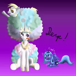 Size: 1000x1000 | Tagged: safe, artist:cgeta, derpibooru import, derpy hooves, princess celestia, princess luna, alicorn, pegasus, pony, :p, afro, alternate hairstyle, cross-eyed, derp, derplestia, frolestia, giggling, gradient background, laughing, s1 luna, sillestia, silly, silly pony, smiling, stuck, tongue out, waving