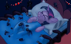 Size: 663x412 | Tagged: arachnophobia, artist:cgeta, bed, derpibooru import, dream, minecraft, nightmare, nope, semi-grimdark, sleeping, spider, this will end in tears and/or death, twilight sparkle