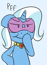 Size: 500x692 | Tagged: artist:weabootrixie, blue background, dead source, derpibooru import, dialogue, goggles, grin, necklace, pfft, safe, simple background, smug, solo, the kawaii and desu trixie, trixie