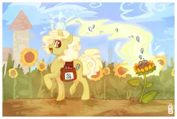 Size: 891x598 | Tagged: safe, artist:griffsnuff, derpibooru import, oc, unofficial characters only, flower, food, garden, magic, saddle bag, sunflower, working
