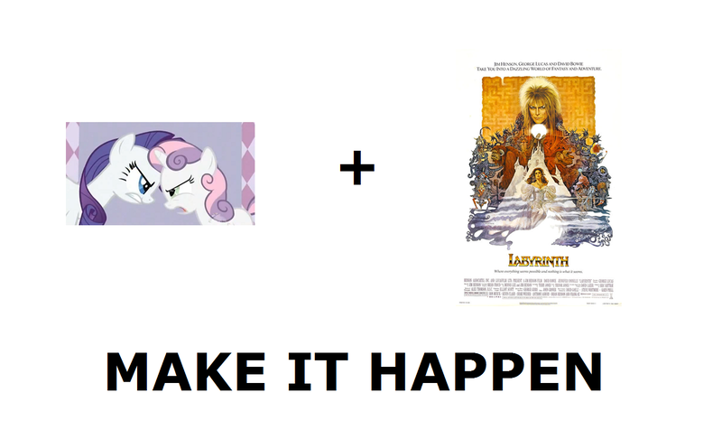 Size: 1337x796 | Tagged: all caps, david bowie, derpibooru import, exploitable meme, goblin king, jareth, labyrinth (movie), make it happen, meme, meta, movie poster, rarity, safe, sisterhooves social, sweetie belle