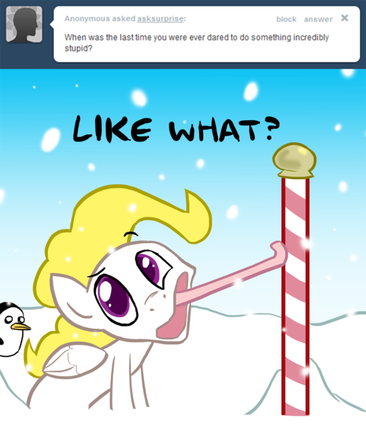 Size: 900x1042 | Tagged: safe, artist:willdrawforfood1, derpibooru import, surprise, penguin, ask surprise, adventure time, g1, g1 to g4, generation leap, gunther, pole, snow, snowfall, tongue out, tongue stuck to pole, winter