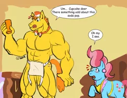 Size: 990x765 | Tagged: safe, artist:caseyljones, derpibooru import, carrot cake, cup cake, anthro, earth pony, pony, abs, apron, bare chest, beef cake, blushing, carrot cup, clothes, female, grammar error, male, muscles, open mouth, overdeveloped muscles, pony to anthro, raised hoof, shipping, straight, wide eyes