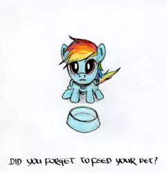 Size: 500x518 | Tagged: artist:el-yeguero, bowl, derpibooru import, feeding, food bowl, hungry, looking at you, looking up, pet, rainbow dash, safe, solo