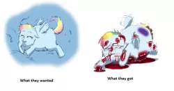 Size: 677x354 | Tagged: artist:mwike, blood, comparison, crying, derpibooru import, fluffydash, fluffy pony, fluffy pony foal, fluffy pony grimdark, foal abuse, grimdark, poop, rainbow dash