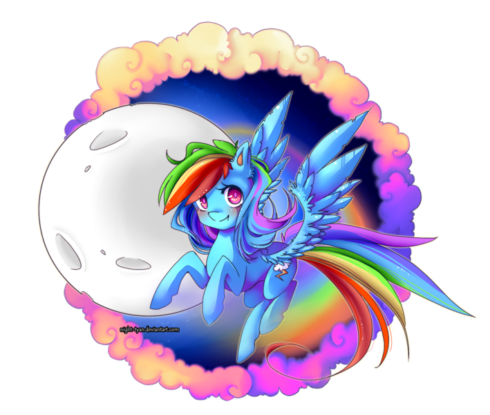 Size: 1000x846 | Tagged: safe, artist:night-tyan, derpibooru import, rainbow dash, pegasus, pony, cloud, colored pupils, ear fluff, female, full moon, mare, moon, solo, spread wings, wings