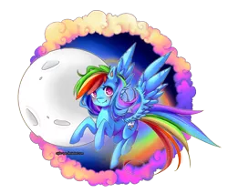 Size: 1000x846 | Tagged: safe, artist:night-tyan, derpibooru import, rainbow dash, pegasus, pony, cloud, colored pupils, ear fluff, female, full moon, mare, moon, solo, spread wings, wings