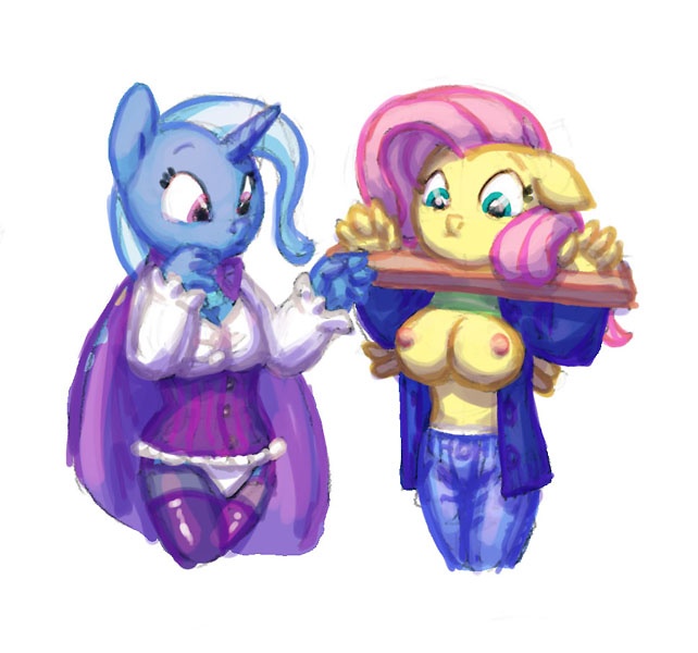 Size: 642x600 | Tagged: anthro, artist:carnifex, breast expansion, breasts, busty fluttershy, clothes, derpibooru import, female, fluttershy, nipples, nudity, questionable, topless, trixie