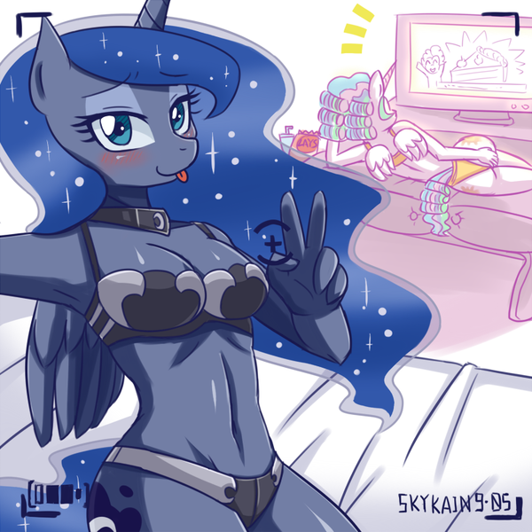 Size: 800x800 | Tagged: questionable, artist:skykain, derpibooru import, princess celestia, princess luna, alicorn, anthro, armpits, bedroom eyes, blushing, breasts, cake, camera, camera shot, female, peace sign, tongue out