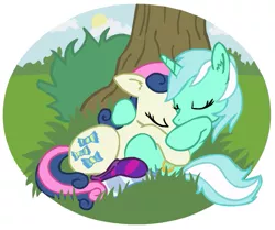 Size: 561x469 | Tagged: safe, artist:poniesandsocks, derpibooru import, bon bon, lyra heartstrings, sweetie drops, adorabon, clothes, cuddling, cute, female, hug, lesbian, lyrabetes, lyrabon, shipping, sleeping, snuggling, socks, striped socks