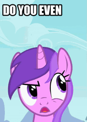 Size: 509x707 | Tagged: safe, derpibooru import, edit, edited screencap, screencap, amethyst star, pony, unicorn, the mysterious mare do well, amethyst star is not amused, animated, background pony, brony, caption, cropped, do you even watch the show?, female, image macro, impact font, mare, reaction image, solo