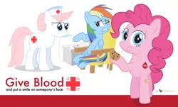 Size: 3480x2100 | Tagged: safe, artist:dm29, derpibooru import, nurse redheart, pinkie pie, rainbow dash, earth pony, pegasus, pony, blood donation, blood drive, cookie, donation, female, high res, needle, poster, trio, trypanophobia