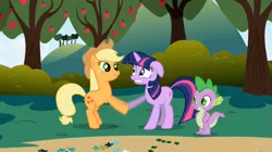 Size: 1023x571 | Tagged: safe, derpibooru import, screencap, applejack, spike, twilight sparkle, dragon, earth pony, pony, unicorn, friendship is magic, apple tree, female, hoofshake, male, mare, tree, unicorn twilight