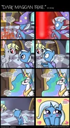 Size: 900x1643 | Tagged: safe, artist:innuendo88, artist:zsparkonequus, derpibooru import, derpy hooves, princess celestia, trixie, demon, pegasus, pony, comic, demonio, female, mare, spanish, translation