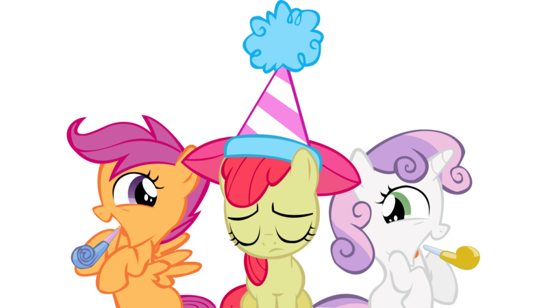 Size: 1600x900 | Tagged: apple bloom, artist:totalcrazyness101, cutie mark crusaders, derpibooru import, hat, party hat, party horn, sad, safe, scootaloo, simple background, sweetie belle, transparent background, vector