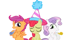 Size: 1600x900 | Tagged: apple bloom, artist:totalcrazyness101, cutie mark crusaders, derpibooru import, hat, party hat, party horn, sad, safe, scootaloo, simple background, sweetie belle, transparent background, vector