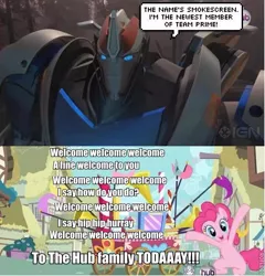 Size: 577x600 | Tagged: derpibooru import, ign, image macro, meme, pinkie pie, roflbot, safe, slapped on ponies, smokescreen, the hub, transformers, welcome