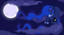 Size: 900x500 | Tagged: artist:lilmandarin, cloud, cloudy, derpibooru import, eyes closed, flying, moon, night, princess luna, safe, solo