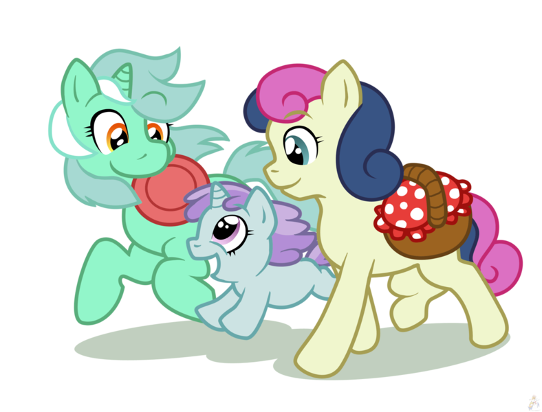 Size: 1314x1000 | Tagged: artist:raygirl, basket, bon bon, derpibooru import, frisbee, liza doolots, lyrabontoots family, lyra heartstrings, magical lesbian spawn, mouth hold, offspring, petunia, picnic basket, running, safe, sweetie drops, tootsie flute