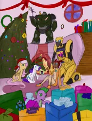 Size: 800x1059 | Tagged: applejack, bulkhead, bumblebee, christmas, crossover, derpibooru import, fluttershy, miko, rarity, safe, sari sumdac, soundwave, spike, transformers, watermark