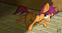 Size: 1768x954 | Tagged: dead source, safe, artist:mostlyponyart, derpibooru import, scootaloo, female, filly, signature, solo, spread wings, wings