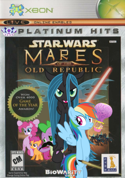 Size: 640x907 | Tagged: artist:nickyv917, changeling, changeling queen, cover, derpibooru import, female, fluttershy, game cover, hot air balloon, knights of the old republic, lightsaber, parody, pinkie pie, queen chrysalis, rainbow dash, safe, scootaloo, spike, star wars, star wars: the old republic, weapon, xbox
