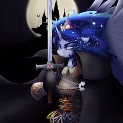 Size: 1280x1280 | Tagged: alucard, anthro, artist:balooga, castlevania, crossover, crown, derpibooru import, princess luna, safe, solo, sword, weapon