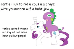 Size: 1368x920 | Tagged: safe, derpibooru import, rarity, spike, comic sans, dialogue, female, male, ms paint, poe's law, riding, shipping, sparity, straight, stylistic suck, text, tongue out