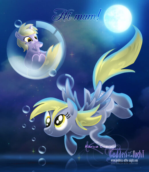 Size: 800x923 | Tagged: safe, artist:sahtori-kamaya, derpibooru import, derpy hooves, dinky hooves, pegasus, pony, bubble, duo, female, mare, moon, mother and daughter