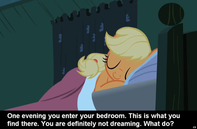 Size: 1024x672 | Tagged: safe, derpibooru import, applejack, earth pony, pony, bed, bedroom, caption, cs captions, female, mare, sleeping, solo