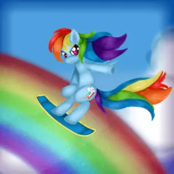 Size: 2000x2000 | Tagged: artist:kirajoleen, derpibooru import, high res, rainbow, rainbow dash, safe, solo, surfing