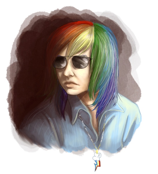 Size: 546x600 | Tagged: artist:yulyeen, bust, derpibooru import, humanized, jewelry, necklace, rainbow dash, safe, sunglasses