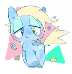 Size: 740x765 | Tagged: safe, artist:boyan, derpibooru import, derpy hooves, pegasus, pony, abstract background, blushing, chibi, cupcake, cute, derpabetes, female, food, lidded eyes, mare, muffin, pixiv, solo, tongue out