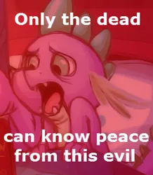 Size: 282x323 | Tagged: derpibooru import, edit, only the dead can know peace from this evil, reaction image, safe, spike