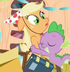 Size: 400x413 | Tagged: safe, derpibooru import, screencap, applejack, spike, dragon, earth pony, pony, applespike, female, hug, male, out of context, shipping, shipping fuel, straight