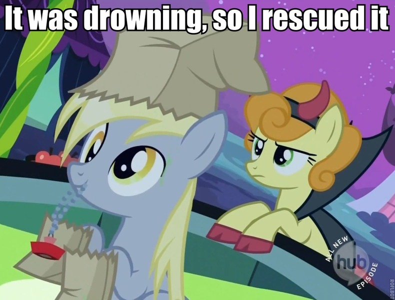 Size: 960x729 | Tagged: safe, derpibooru import, edit, edited screencap, screencap, carrot top, derpy hooves, golden harvest, pegasus, pony, luna eclipsed, bags, caption, drain plug, female, hub logo, image macro, mare, paper bag wizard, text