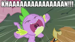 Size: 1048x589 | Tagged: a dog and pony show, applejack, caption, derpibooru import, edit, edited screencap, image macro, khaaaaaaan, khan, pinkie pie, reaction image, safe, screencap, spike, star trek, star trek ii: the wrath of khan