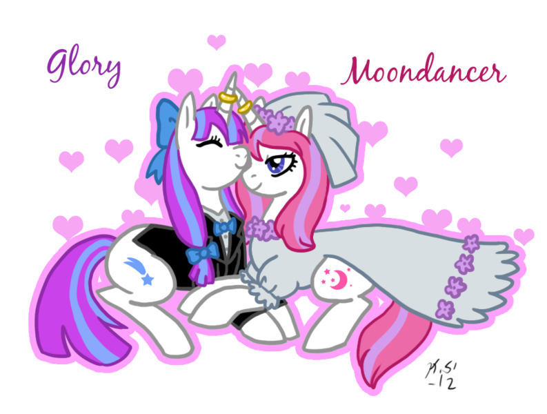 Size: 882x667 | Tagged: artist:the-clockwork-crow, derpibooru import, duo, female, g1, g1 to g4, generation leap, glory, glorydancer, lesbian, married, married couple, moondancer (g1), newlywed, safe, shipping, wedding