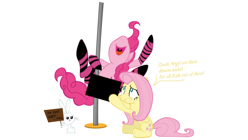 Size: 1920x1080 | Tagged: angel bunny, artist:rariedash, censored, clothes, derpibooru import, fluttershy, fourth wall, no rule 34 here, pinkie pie, pole dancing, questionable, sign, simple background, socks, striped socks, transparent background, vector