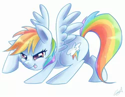 Size: 2700x2100 | Tagged: safe, artist:steffy-beff, derpibooru import, rainbow dash, pegasus, pony, high res, sneaking, solo, tongue out