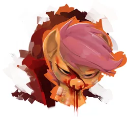 Size: 1886x1742 | Tagged: artist:sunibee, bandage, blood, bust, dead source, derpibooru import, grimdark, injured, looking at you, nosebleed, portrait, scootaloo, solo