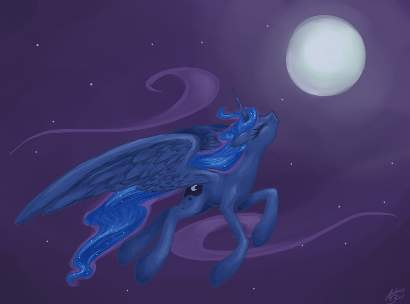 Size: 2700x2000 | Tagged: safe, artist:koeks-bienchen, derpibooru import, princess luna, eyes closed, flying, happy, high res, moon, night, solo