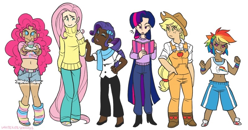 Size: 894x472 | Tagged: applejack, artist:whitekitestrings, belly button, clothes, cupcake, daisy dukes, dark skin, derpibooru import, fluttershy, humanized, leg warmers, long mane, mane six, midriff, overalls, pinkie pie, rainbow dash, rarity, safe, sports bra, sweater, sweatershy, tan lines, turtleneck, twilight sparkle